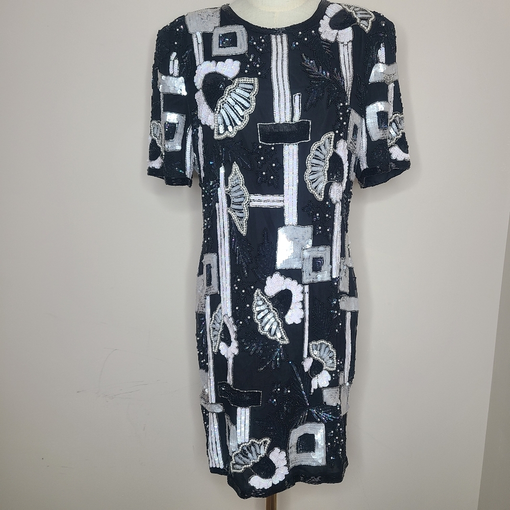Vintage 80s Batuchi Creation Abstract Sequin Bead‎ Sheath Dress